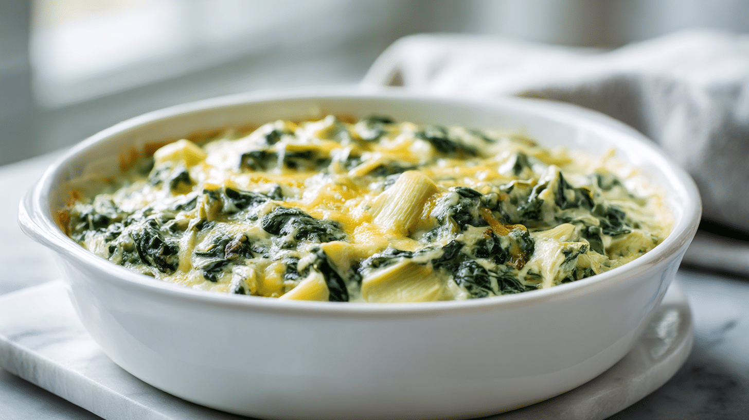 This dish is Gordon Ramsay spinach artichoke dip, showcasing its creamy texture and vibrant ingredients.