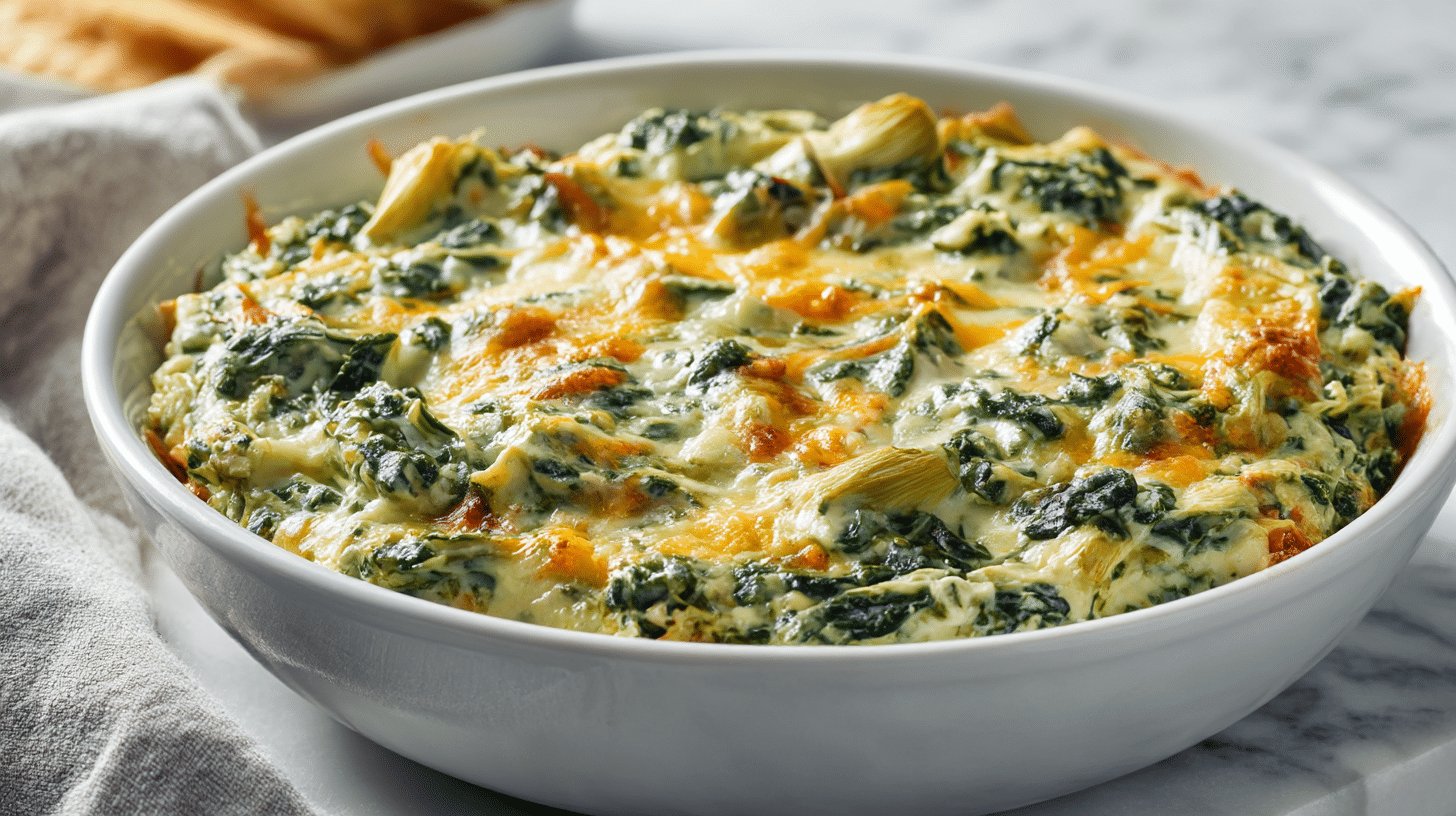Gordon Ramsay spinach artichoke dip featuring creamy texture with vibrant spinach and chunks of artichoke.