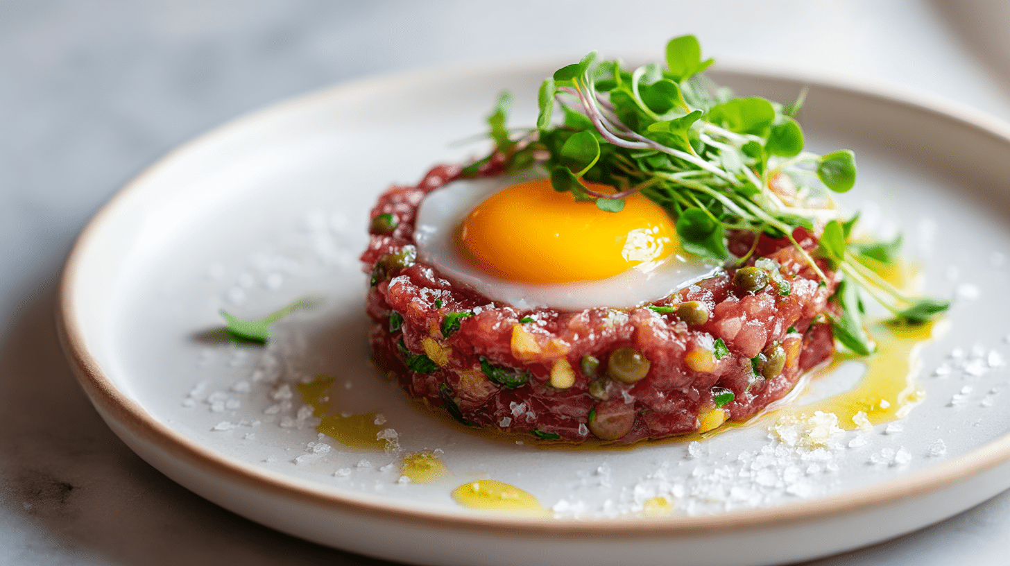 Delicious gordon ramsay steak tartare beautifully plated with garnishes.