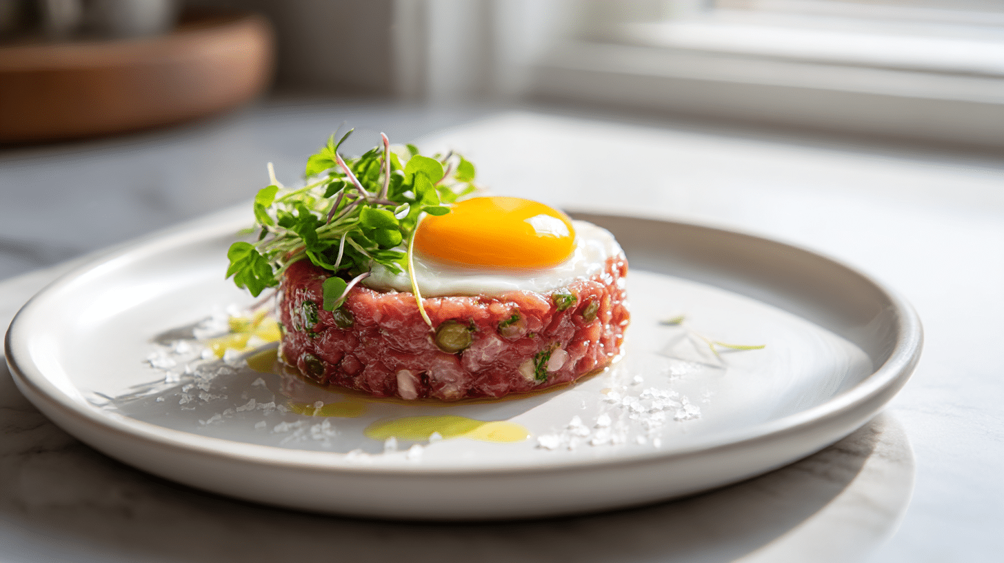 A close-up photo showcasing gordon ramsay steak tartare with egg yolk and microgreens.