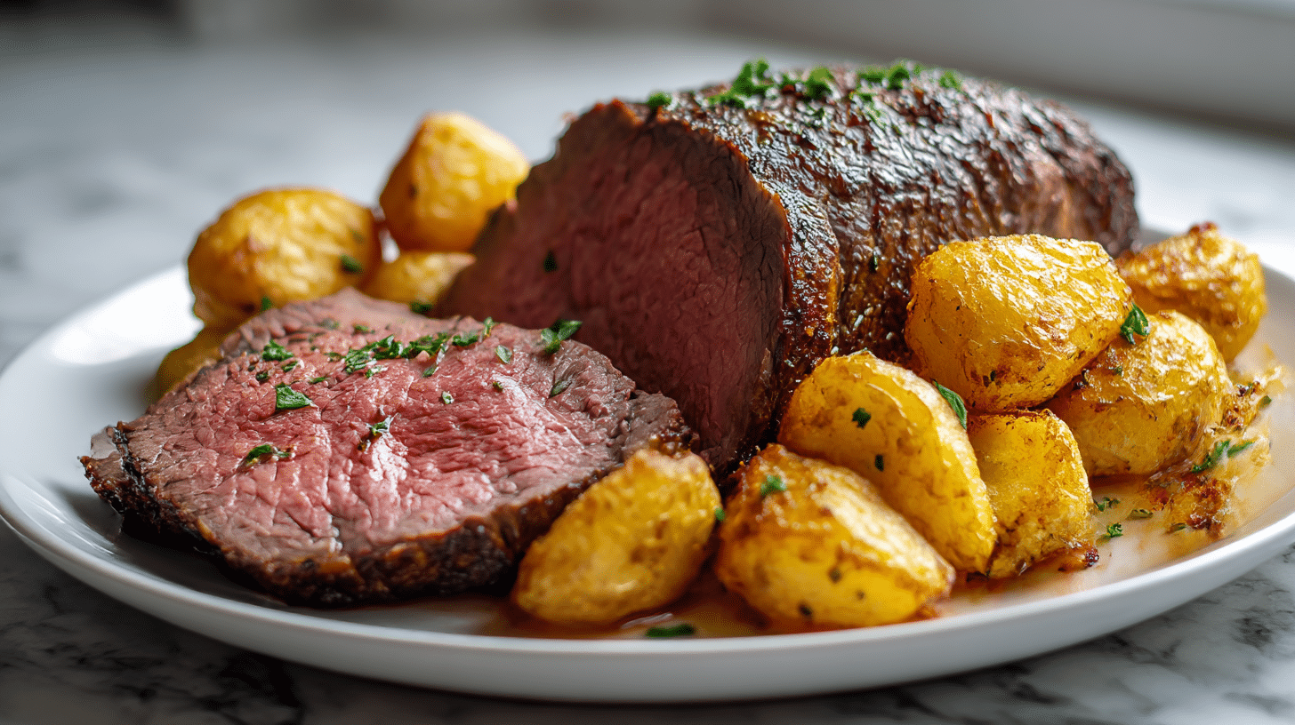 Enjoying a gordon ramsay sunday roast with roast beef and crispy potatoes garnished with herbs.