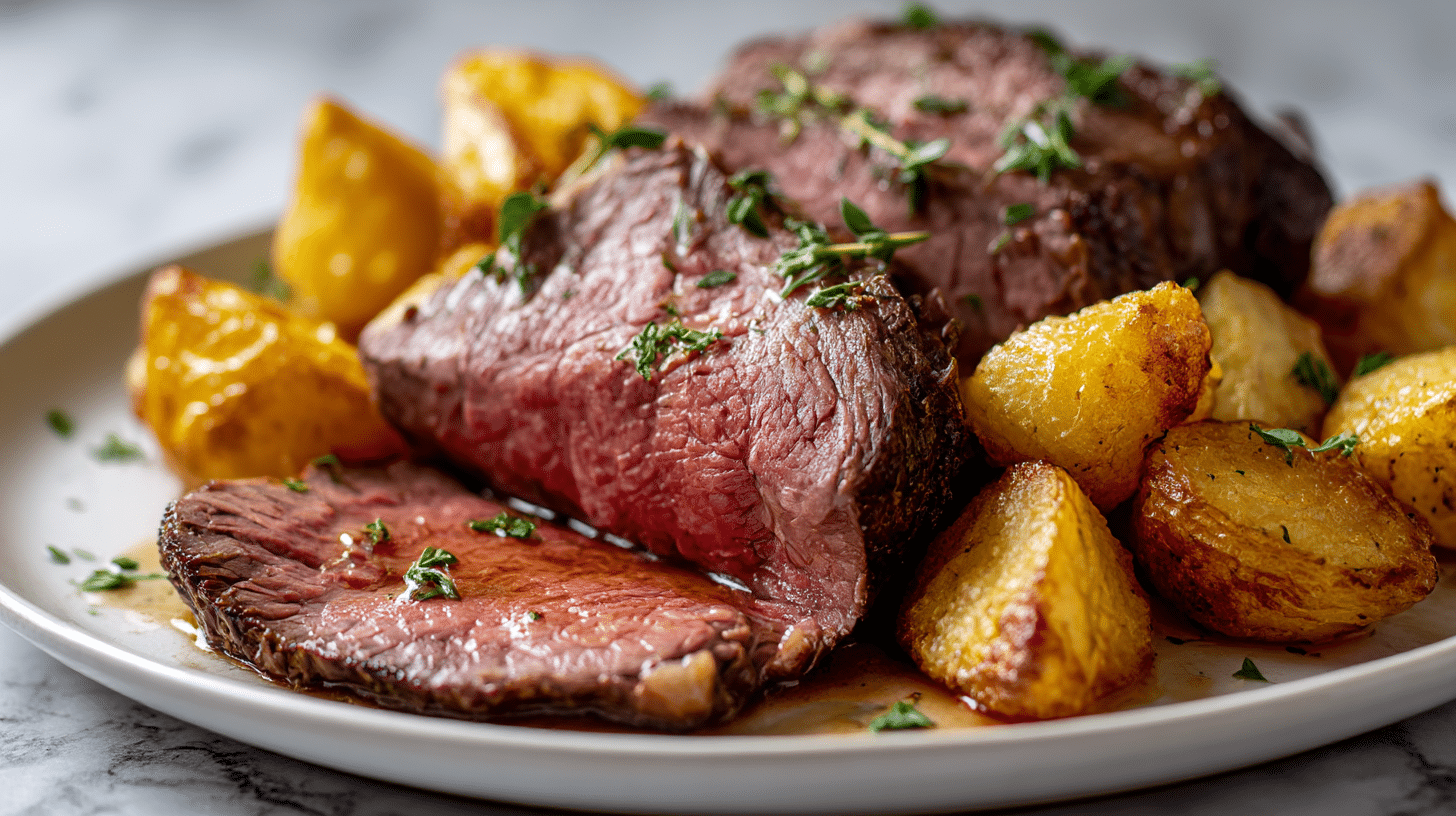A delicious gordon ramsay sunday roast featuring perfectly cooked roast beef and crispy roast potatoes.