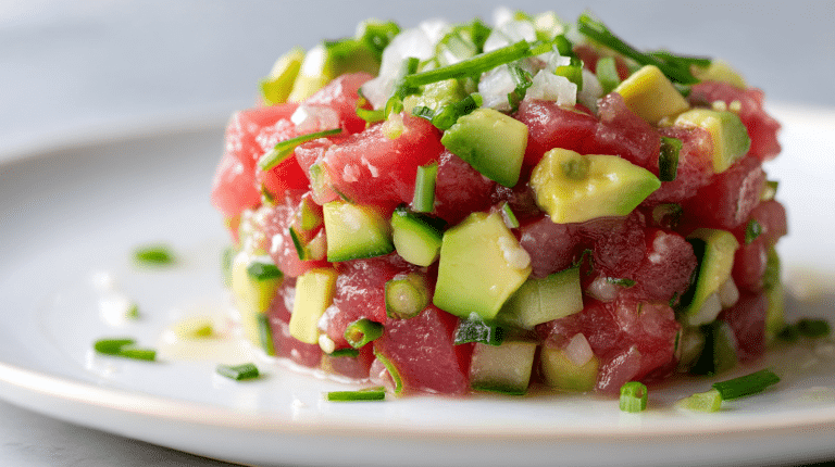 gordon ramsay tuna tartare beautifully arranged on a white plate.
