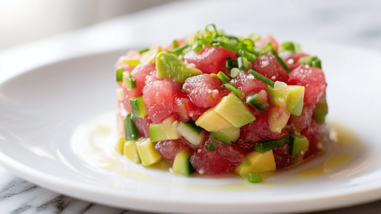 gordon ramsay tuna tartare featuring fresh ingredients on a ceramic plate.
