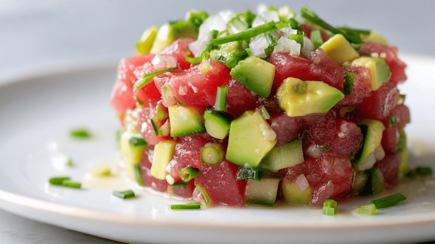 gordon ramsay tuna tartare beautifully arranged on a white plate.