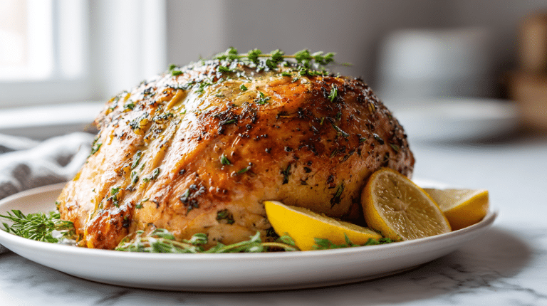A beautifully roasted gordon ramsay turkey crown with herbs and lemon for a festive meal.