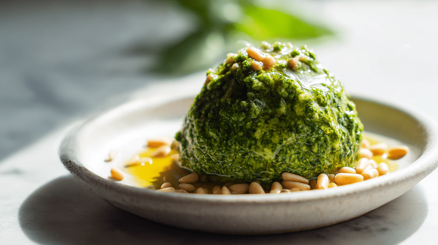 Close-up of gordon ramsay basil pesto served in a bowl