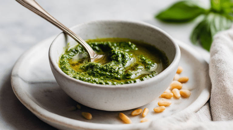 A bowl of gordon ramsay basil pesto with toasted pine nuts
