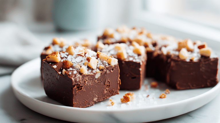 A close-up view of gordon ramsay fudge topped with nuts and sea salt.