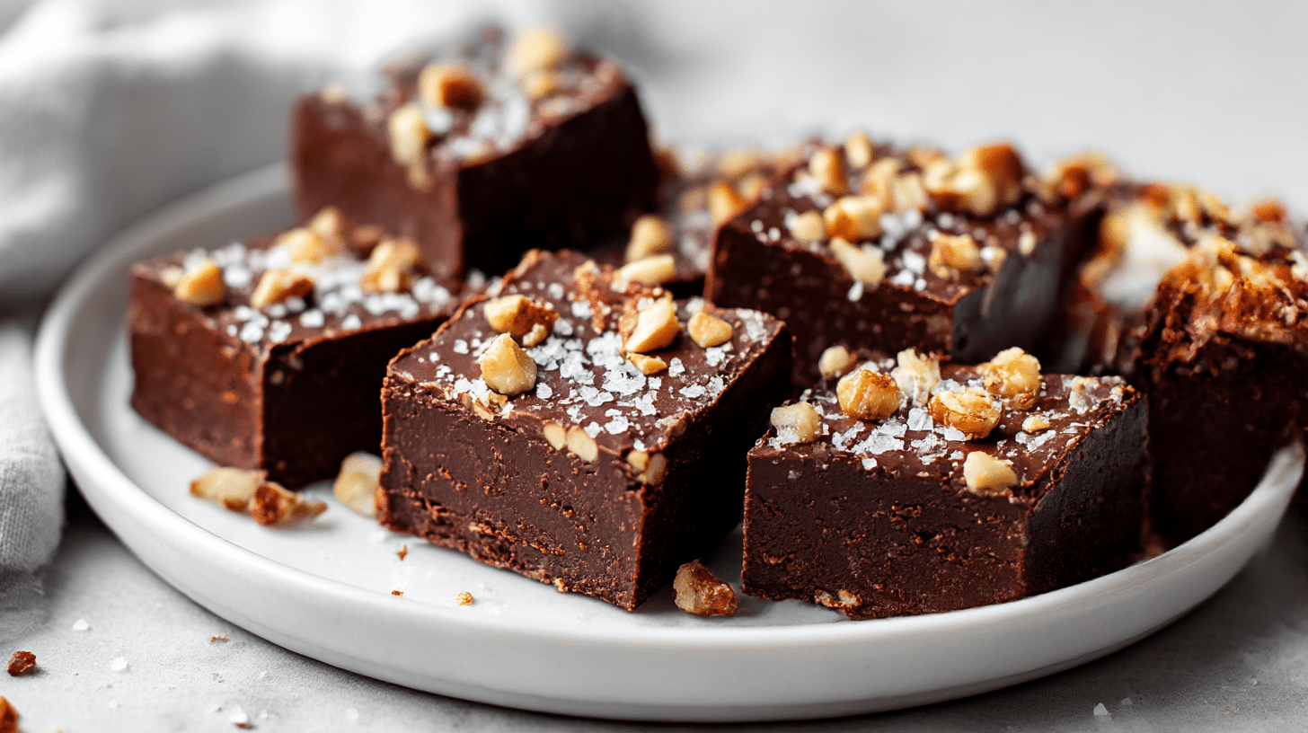 Delicious gordon ramsay fudge squares with a sprinkle of sea salt.
