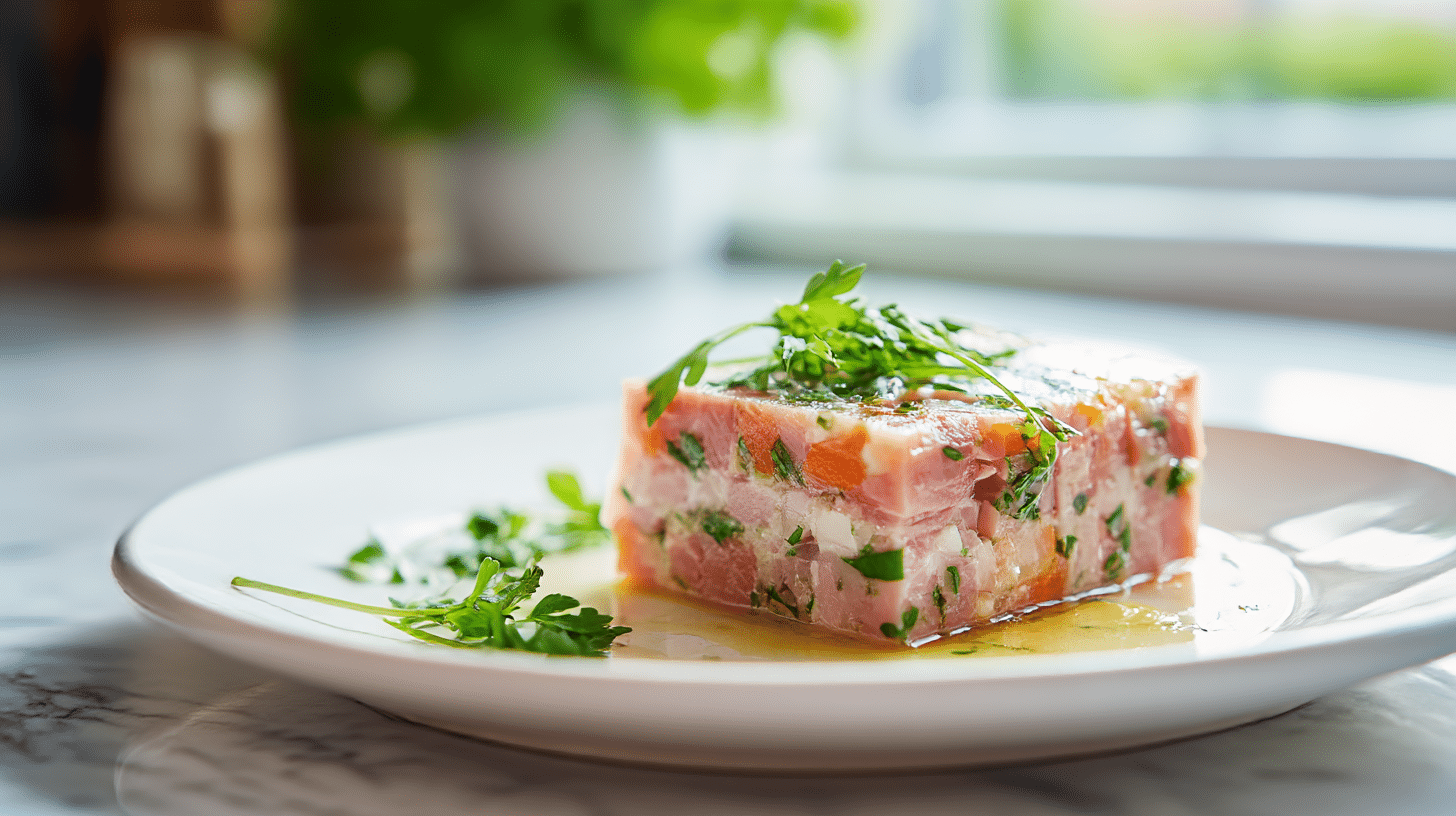 Gordon Ramsay Ham Hock Terrine Recipe 2 Gordon Ramsay ham hock terrine presented elegantly on a ceramic dish.