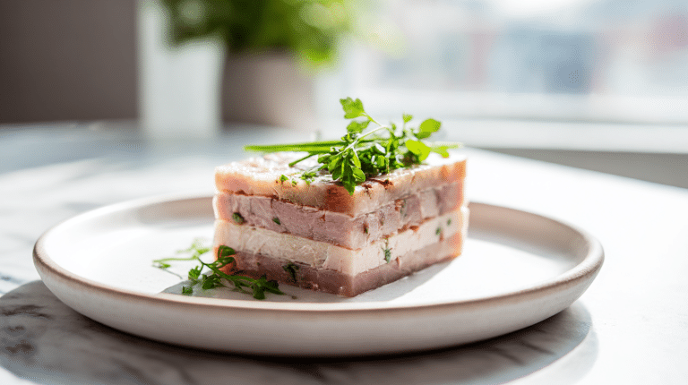 Gordon Ramsay ham hock terrine served on a white plate with herbs.