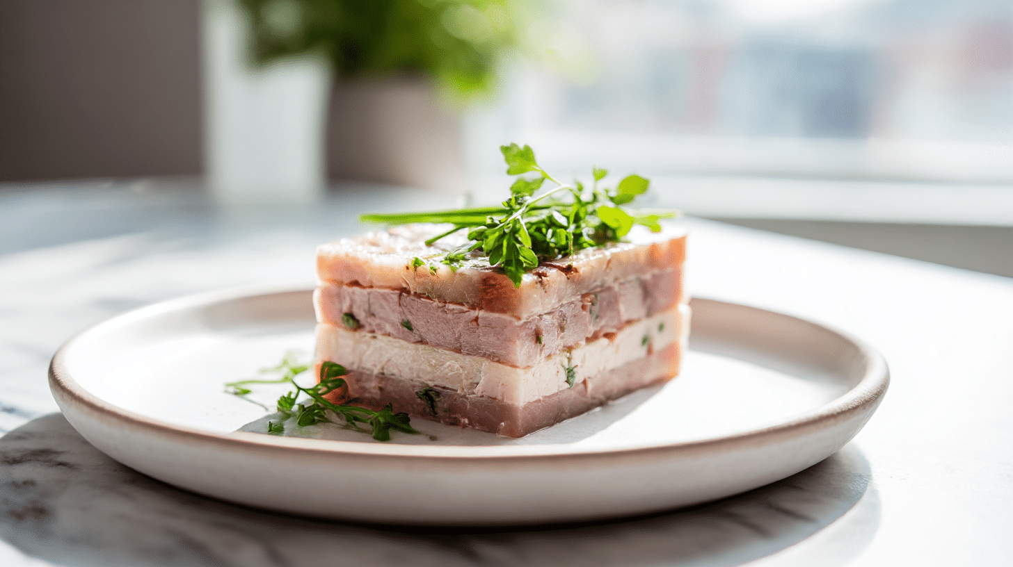 Gordon Ramsay Ham Hock Terrine Recipe 1 Gordon Ramsay ham hock terrine served on a white plate with herbs.