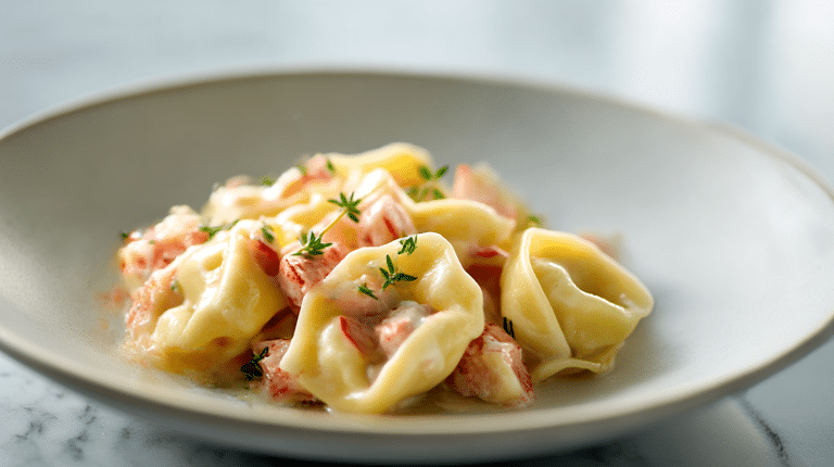 A close-up view of gordon ramsay lobster tortellini on a white plate.
