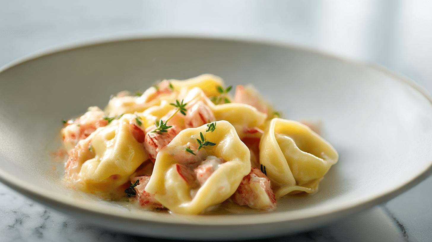 A close-up view of gordon ramsay lobster tortellini on a white plate.
