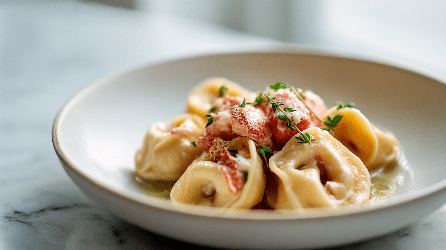 Gordon ramsay lobster tortellini presented elegantly on a white plate.