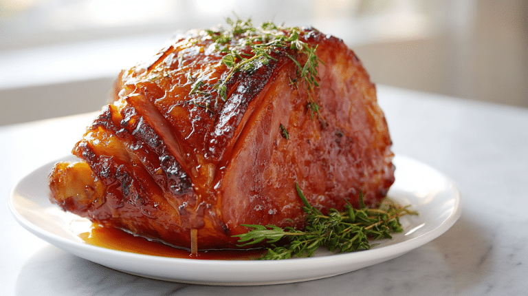 Delicious gordon ramsay maple glazed ham with a shiny glaze.