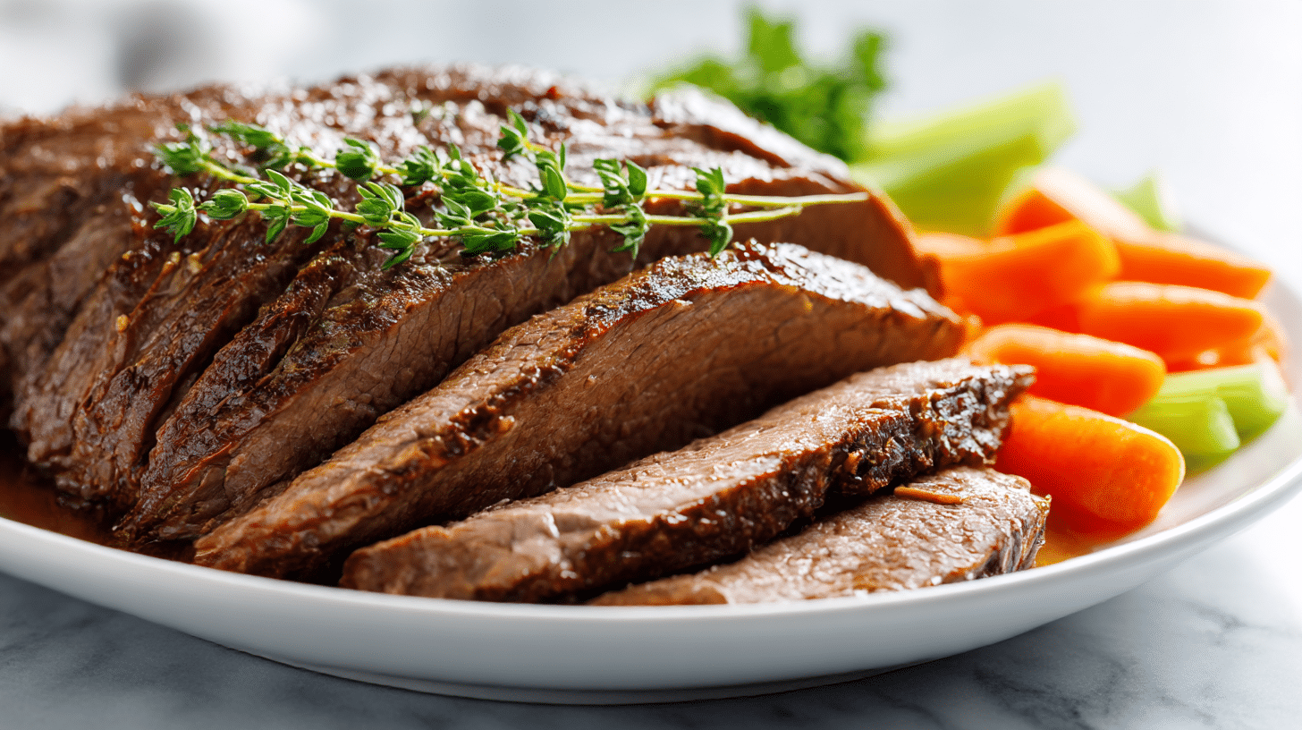 Gordon Ramsay roast beef slow cooker showcasing its tender and succulent slices on a plate.