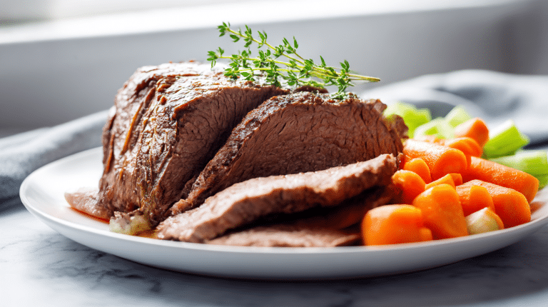 Gordon Ramsay roast beef slow cooker beautifully cooked and sliced to show its juicy interior.