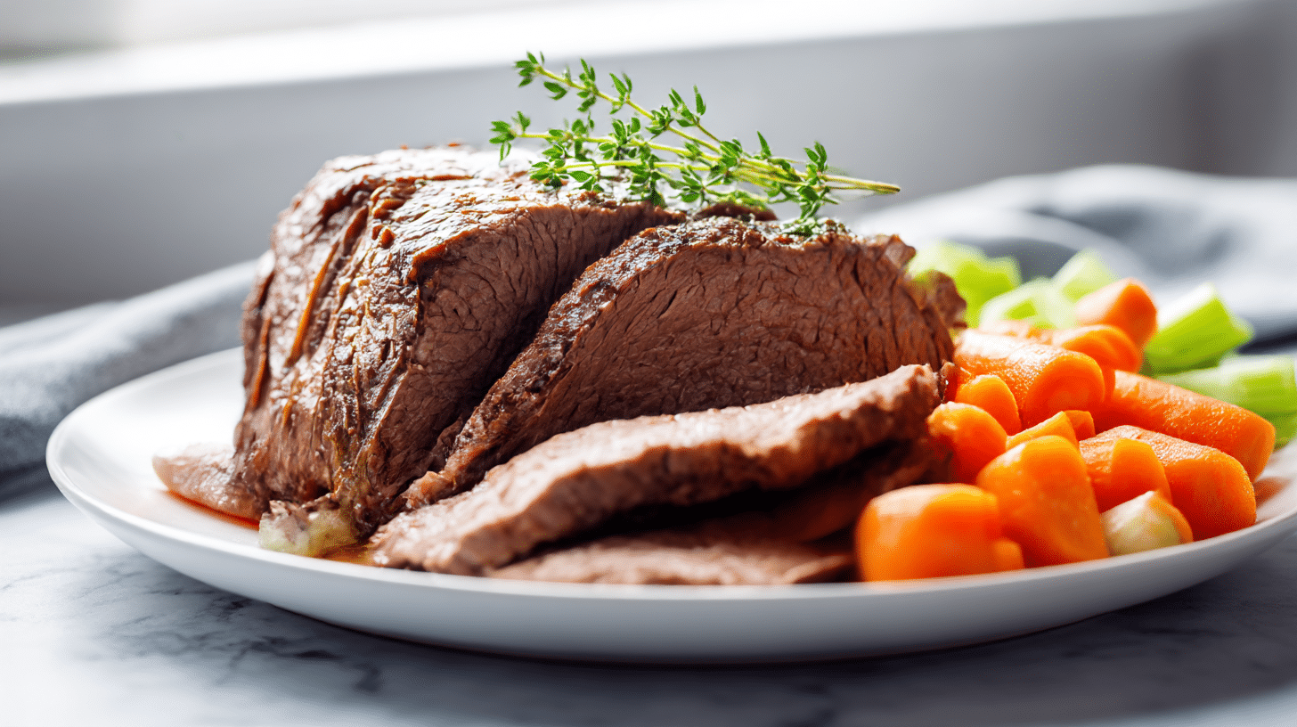 Gordon Ramsay roast beef slow cooker beautifully cooked and sliced to show its juicy interior.