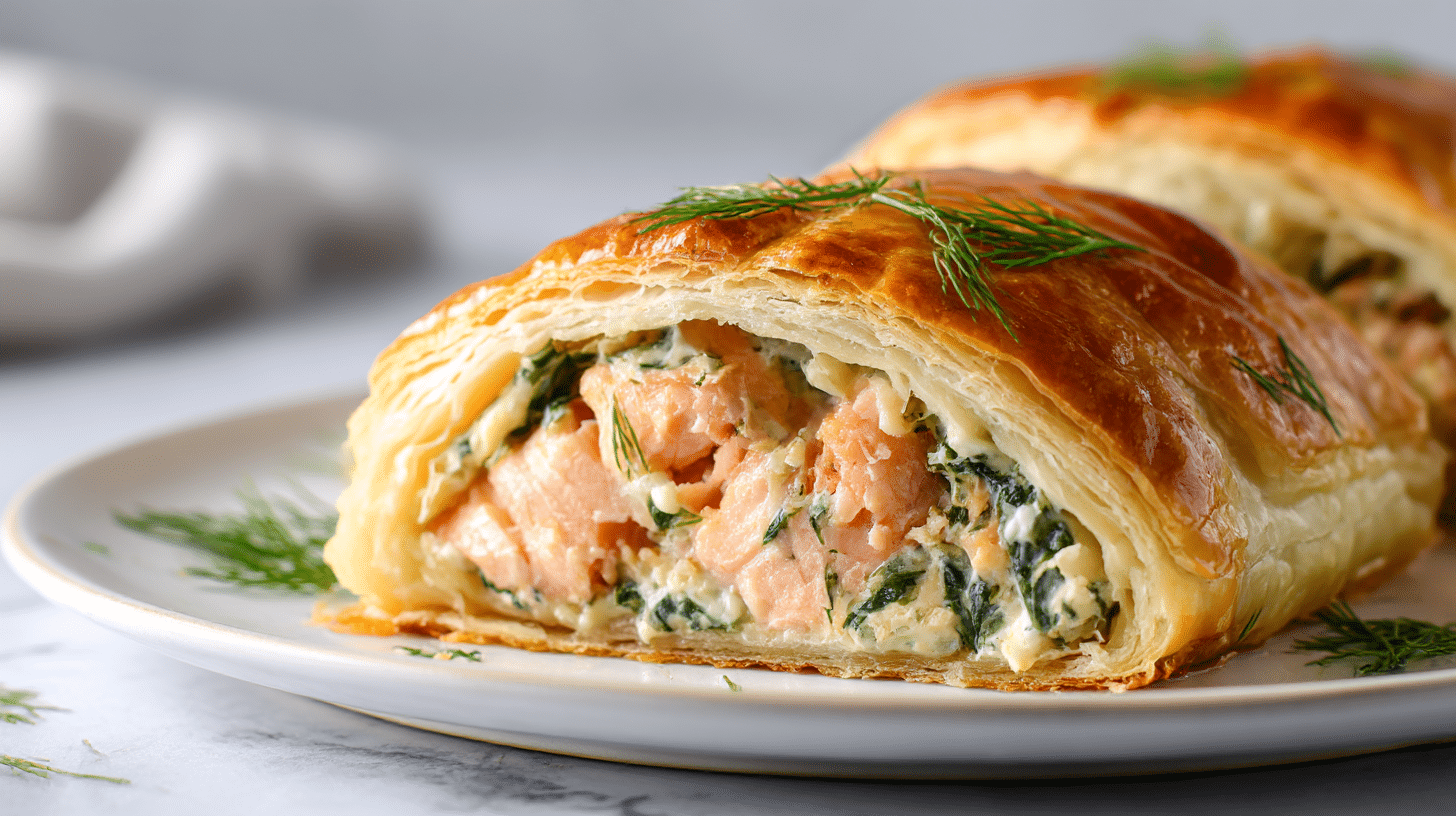 gordon ramsay salmon wellington served on a white plate with dill