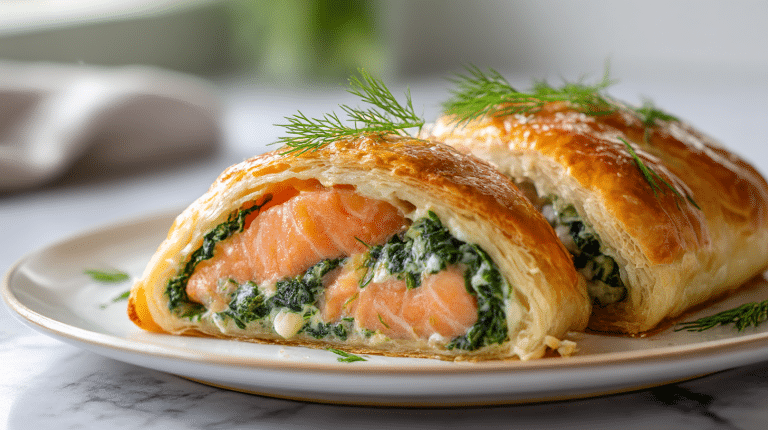 gordon ramsay salmon wellington featuring flaky puff pastry and salmon fillets