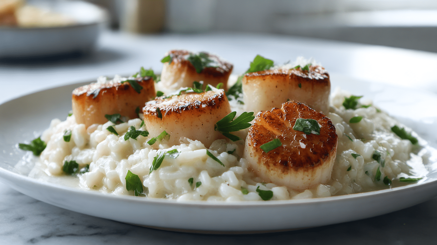 gordon ramsay scallop risotto featuring creamy texture and garnished scallops