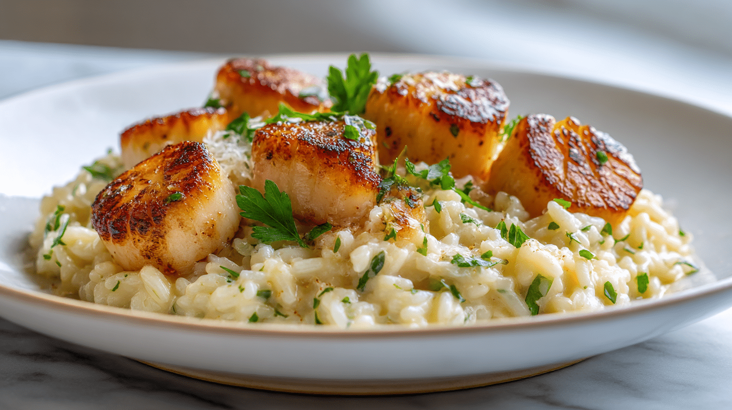 gordon ramsay scallop risotto in a close-up view showcasing scallops and parsley