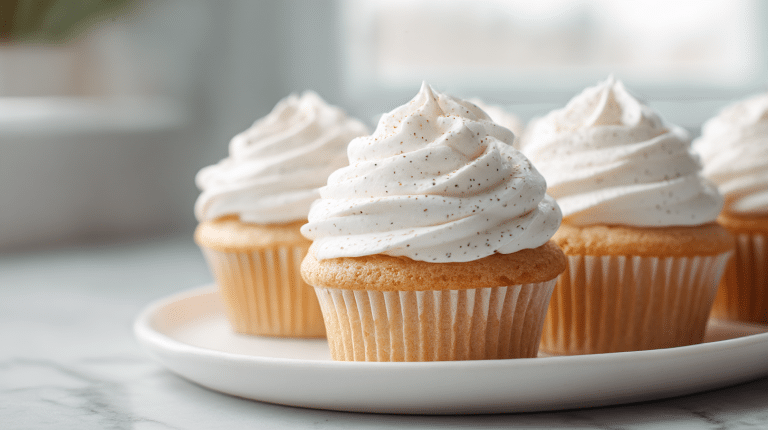 gordon ramsay vanilla cupcakes with smooth white frosting and vanilla bean specks