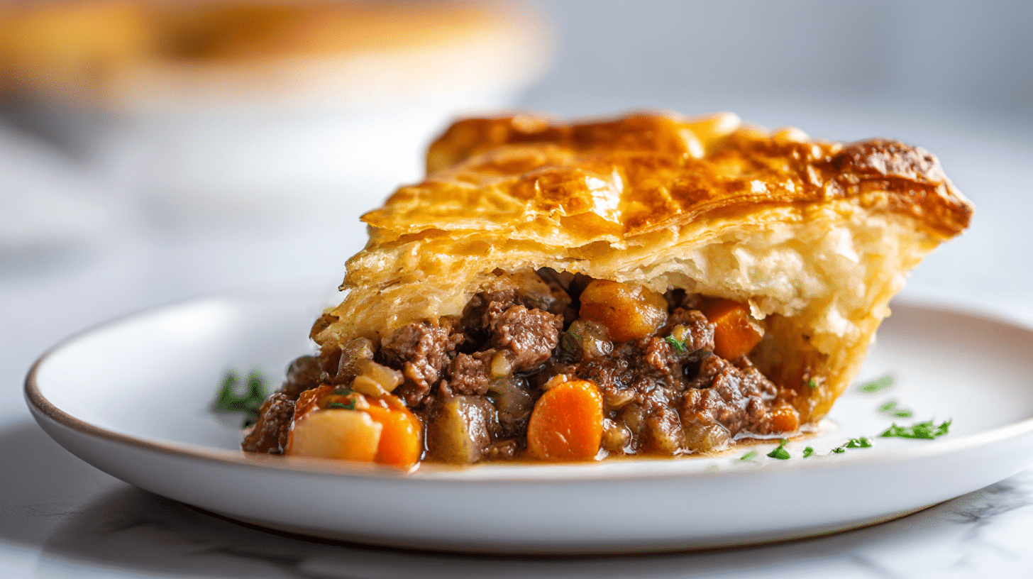 A stunning gordon ramsay venison pie ready to be enjoyed.