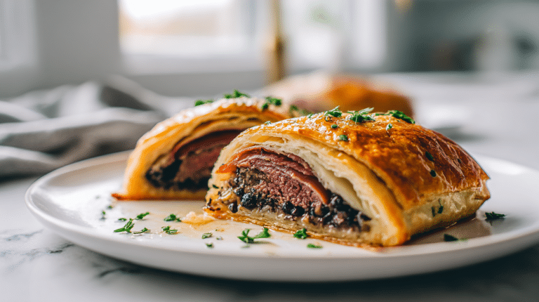 Gordon Ramsay venison wellington beautifully plated with puff pastry and garnished herbs