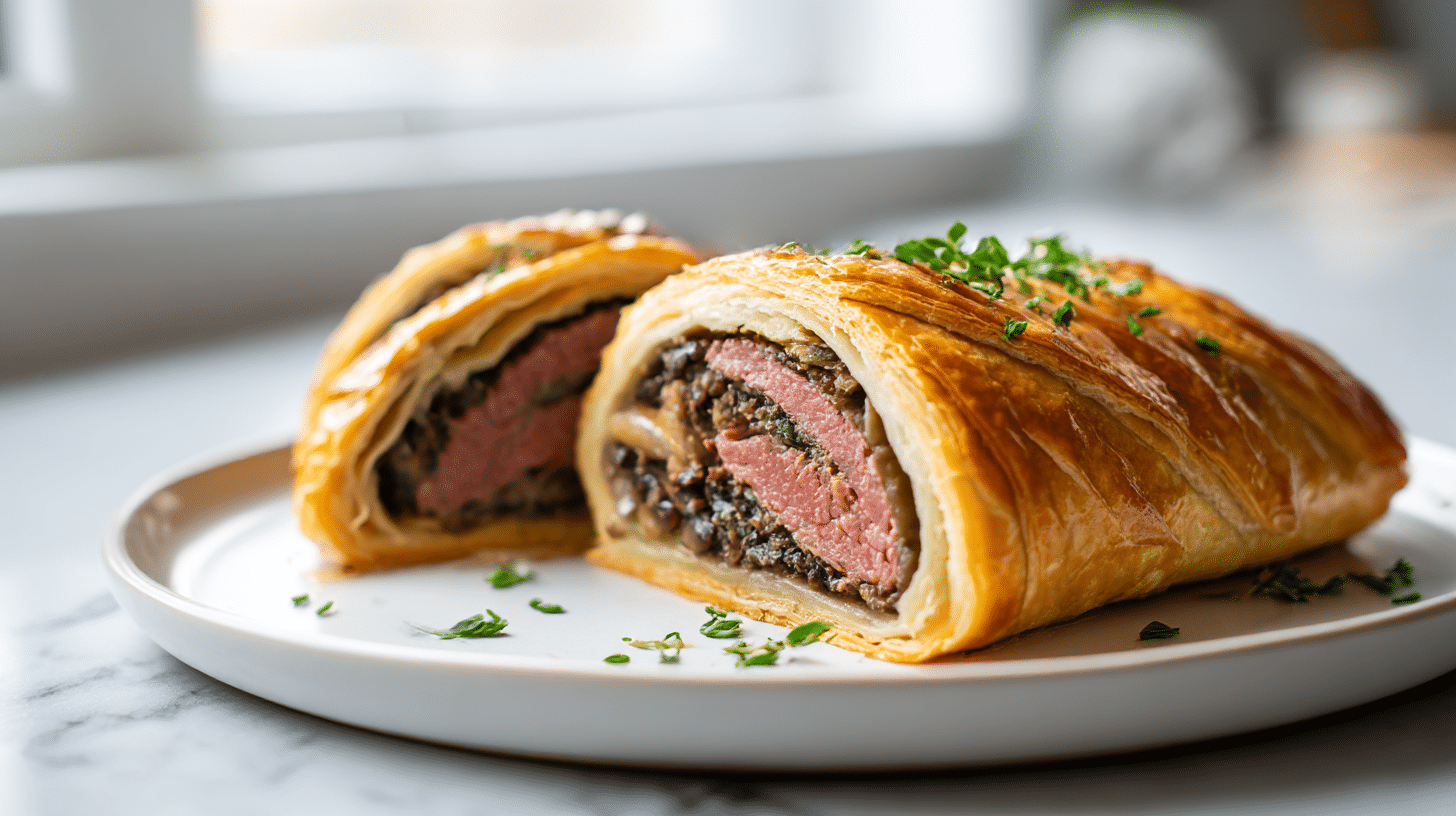 Gordon Ramsay venison wellington showing layers of prosciutto and mushroom duxelles