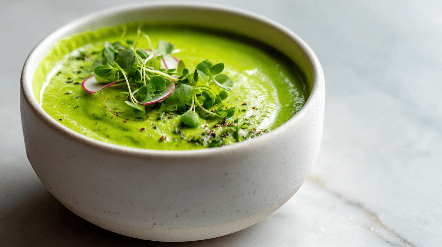 Gordon Ramsay Avocado Gazpacho Recipe 2 Gordon ramsay avocado gazpacho displayed in a bowl with herbs on a grey marble counter.