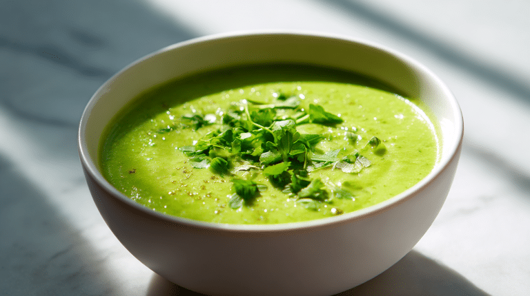 A vibrant green gordon ramsay avocado gazpacho garnished with fresh herbs in a white ceramic bowl.