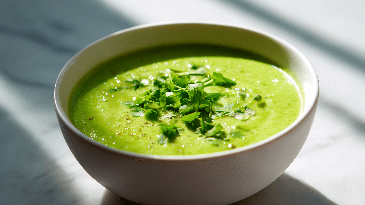 A vibrant green gordon ramsay avocado gazpacho garnished with fresh herbs in a white ceramic bowl.