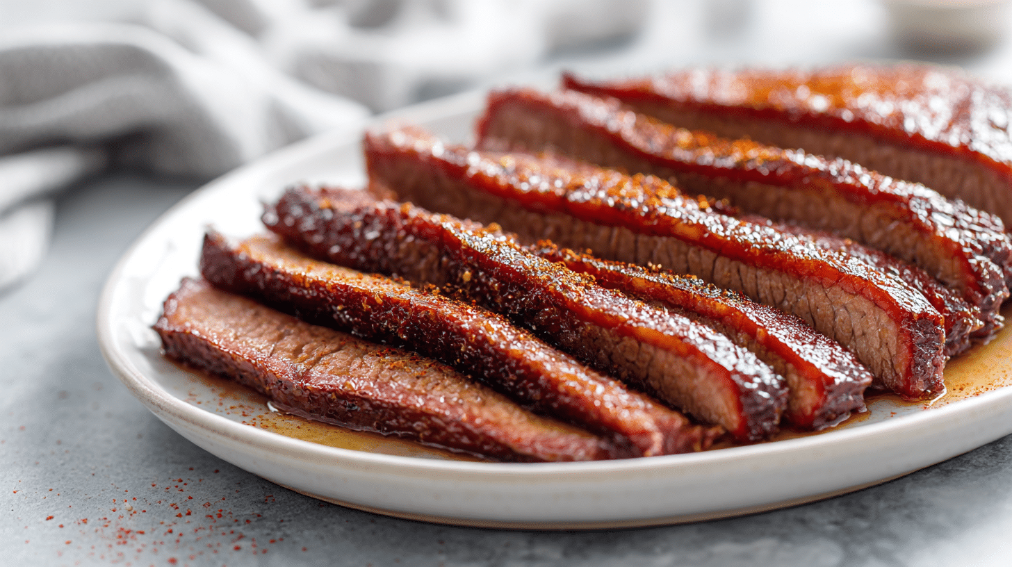gordon ramsay bbq brisket on a white ceramic plate, looking tender and flavorful