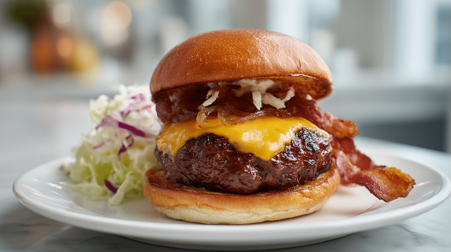 A delicious gordon ramsay bbq burger with a seared beef patty and cheddar cheese