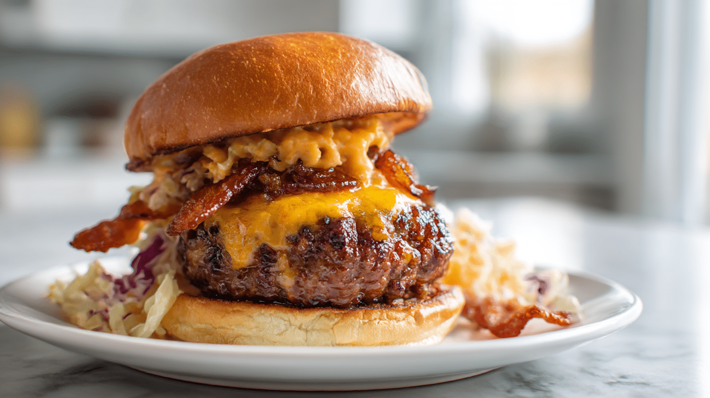 Juicy gordon ramsay bbq burger with bacon and coleslaw elegantly plated