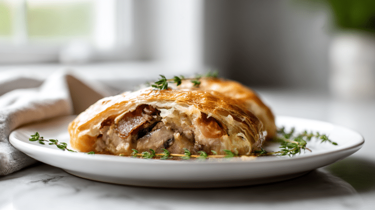 A close-up of gordon ramsay pork wellington on a white plate.