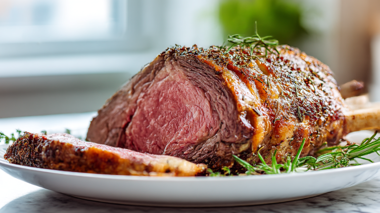 gordon ramsay prime rib roast beef beautifully served on a white plate