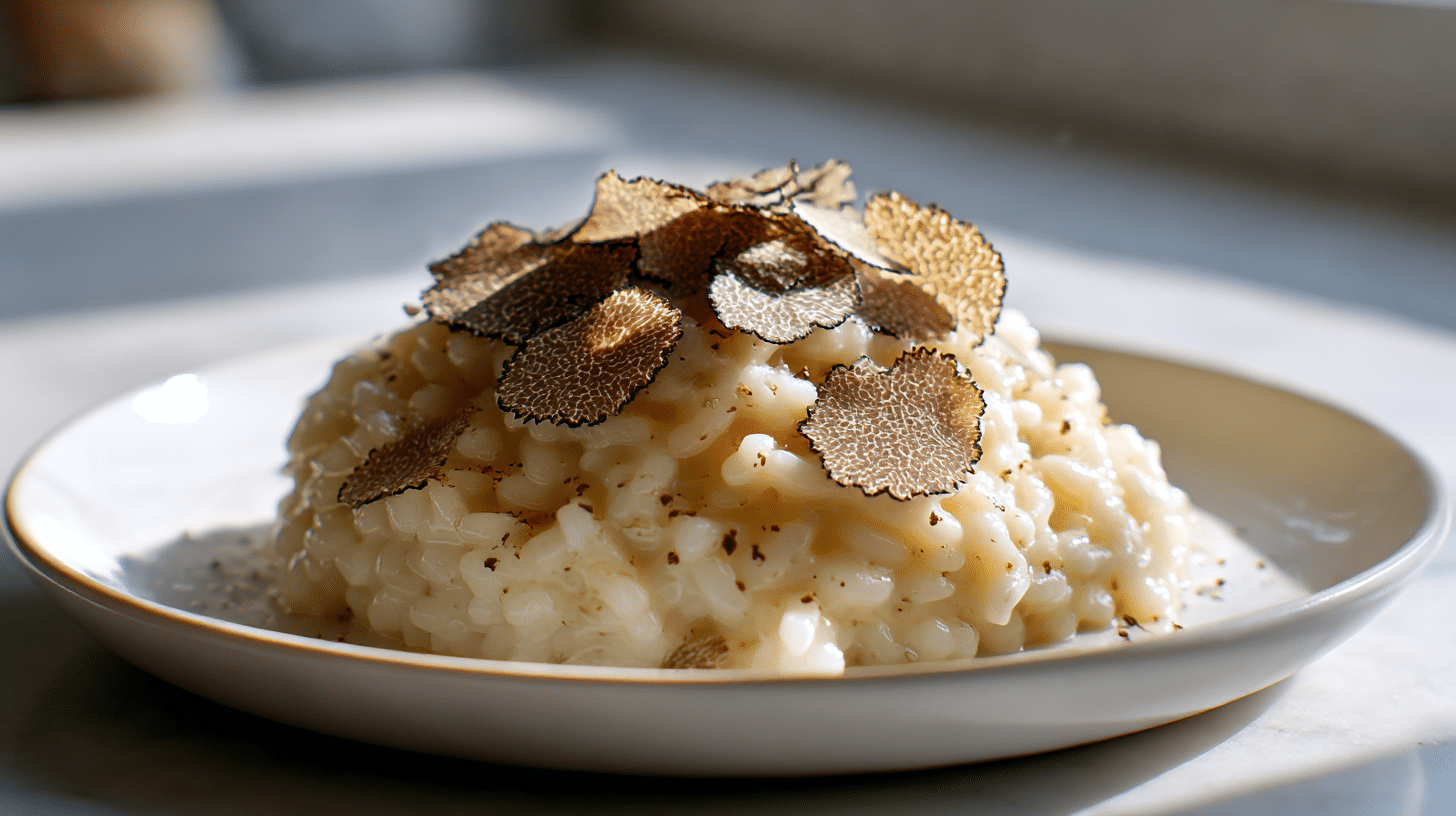 Savoury gordon ramsay truffle risotto enhanced with fresh black truffle.