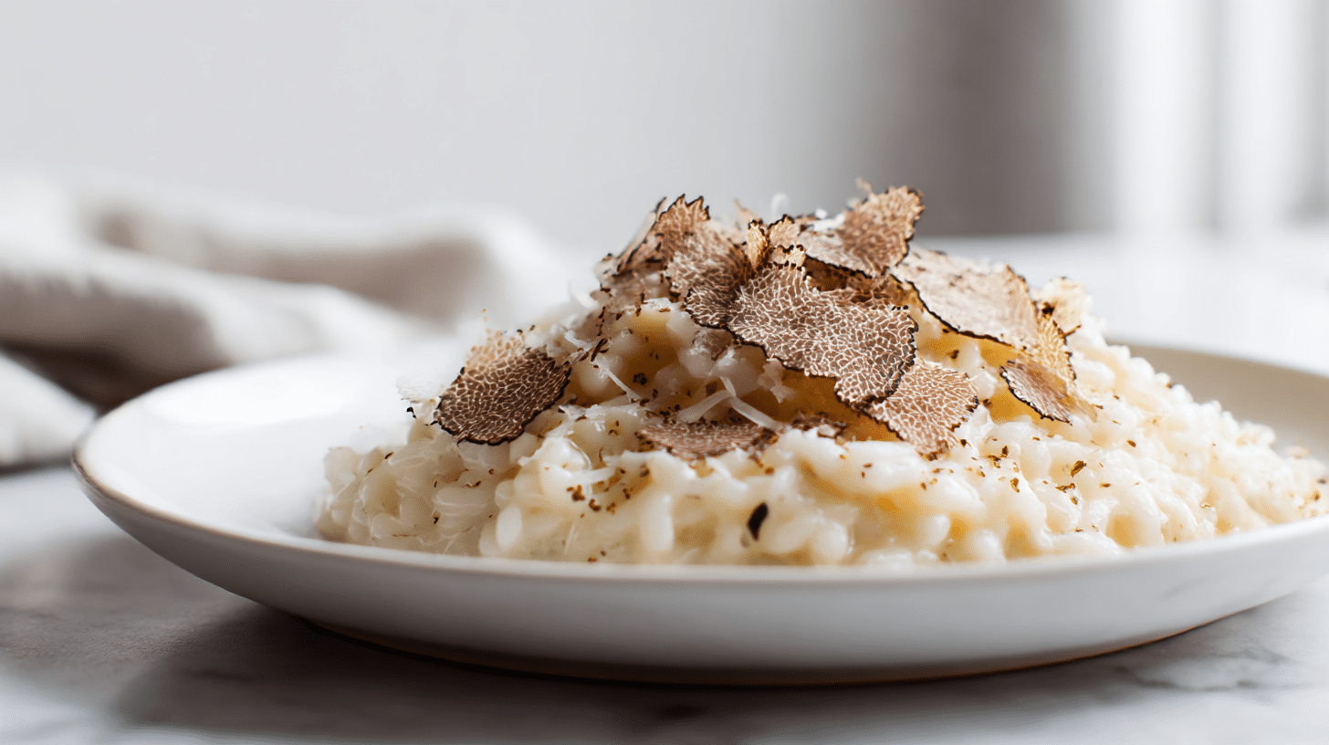 A delicious plate of gordon ramsay truffle risotto with fresh black truffle shavings.