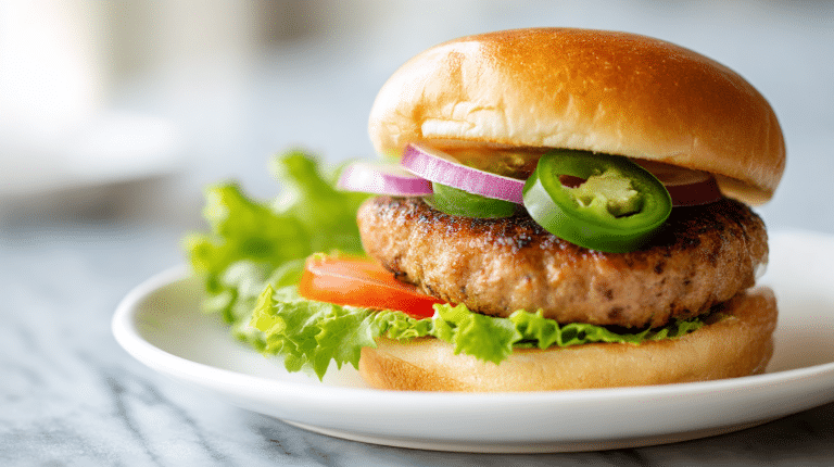 gordon ramsay turkey burger with jalapeños and fresh vegetables