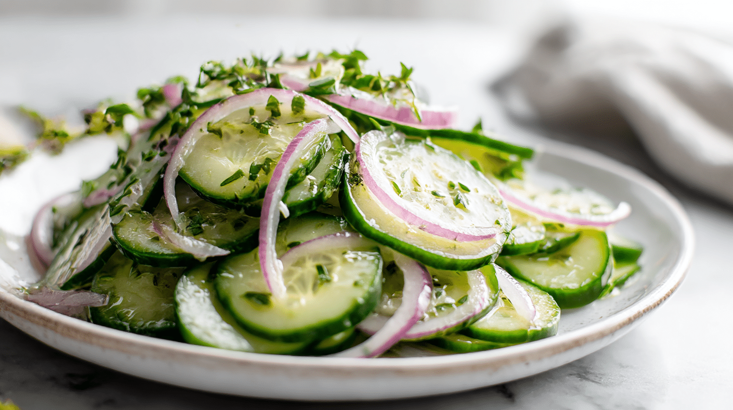 gordon ramsay cucumber salad featuring fresh cucumber slices and red onions