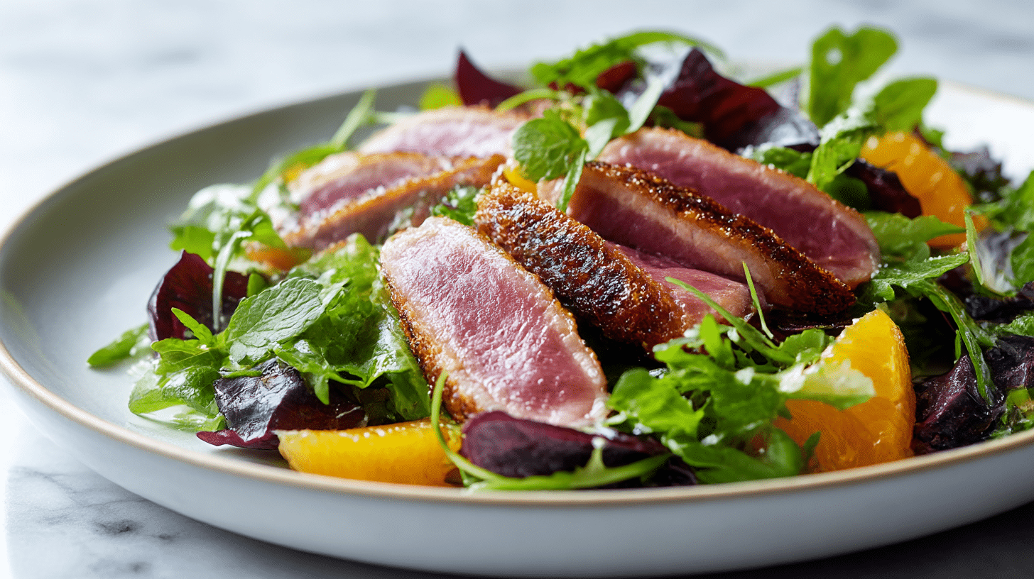A delicious gordon ramsay duck breast salad featuring crispy-skinned duck breast and fresh greens.