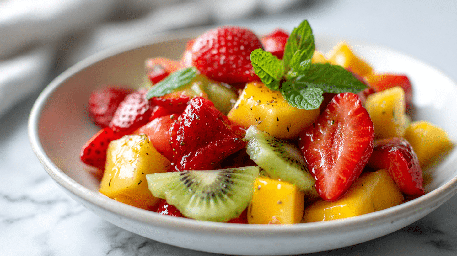 A vibrant gordon ramsay fruit salad featuring strawberries, kiwis, and mango