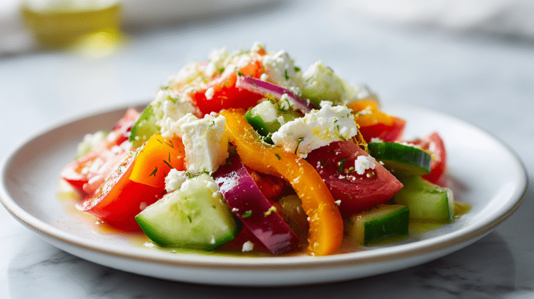 Gordon Ramsay Greek Salad Recipe 2 Close-up view of gordon ramsay greek salad featuring fresh ingredients.