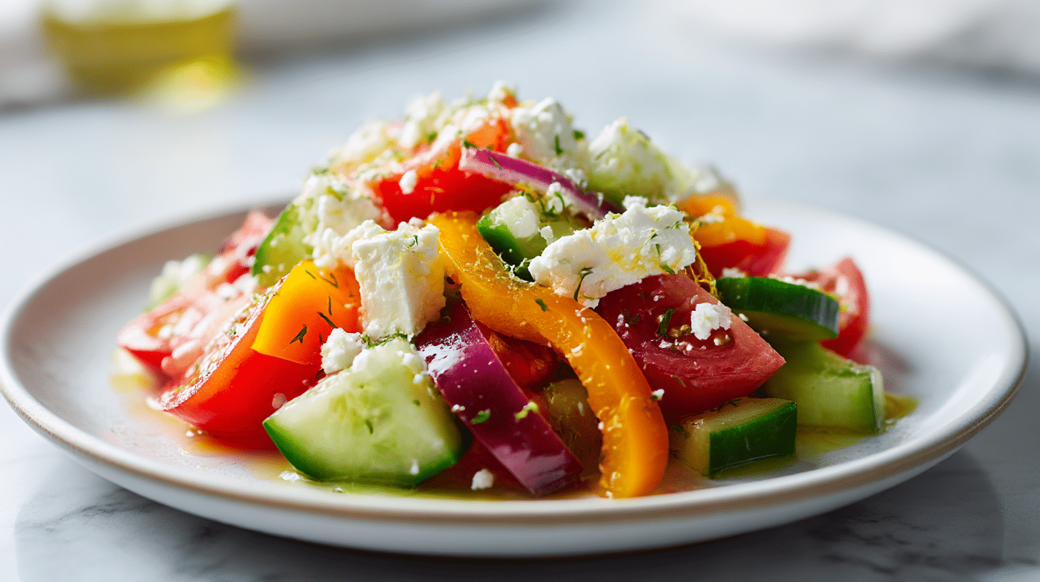 Close-up view of gordon ramsay greek salad featuring fresh ingredients.