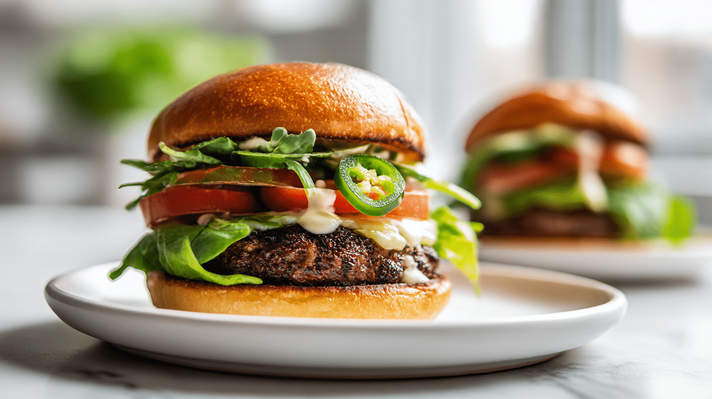 Gordon Ramsay grilled burger showcasing juicy meat and fresh toppings.