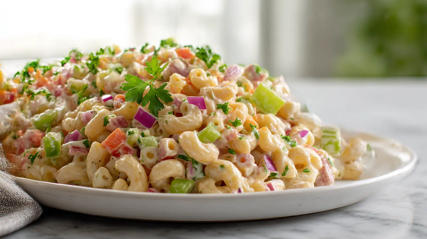 A vibrant and crunchy gordon ramsay macaroni salad with elbow macaroni and fresh vegetables.